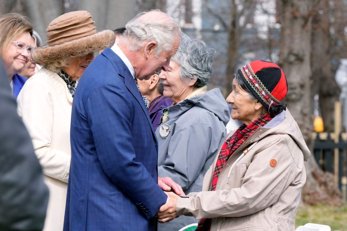 Camilla, Duchess of Cornwall and Prince Charles meet with residential school survivors and elders, in St. John's during the start of a three-day Canadian Royal tour, Tuesday, May 17, 2022.