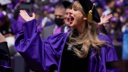 Taylor Swift participates in a graduation ceremony for New York University at Yankee Stadium in New York, Wednesday, May 18, 2022.