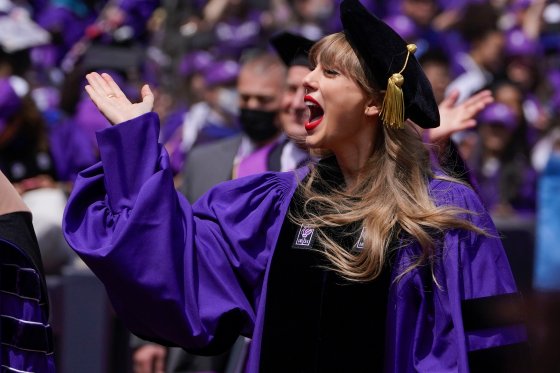 Taylor Swift participates in a graduation ceremony for New York University at Yankee Stadium in New York, Wednesday, May 18, 2022.