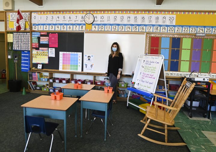 Grade two teacher Vivian Mavraidis prepares  her classroom at Hunter's Glen Junior Public School which is part of the Toronto District School Board (TDSB).