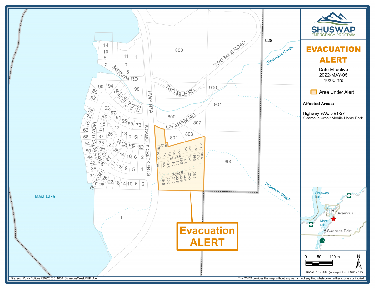 A map showing the location of the evacuation alert issued by the Columbia Shuswap Regional District.