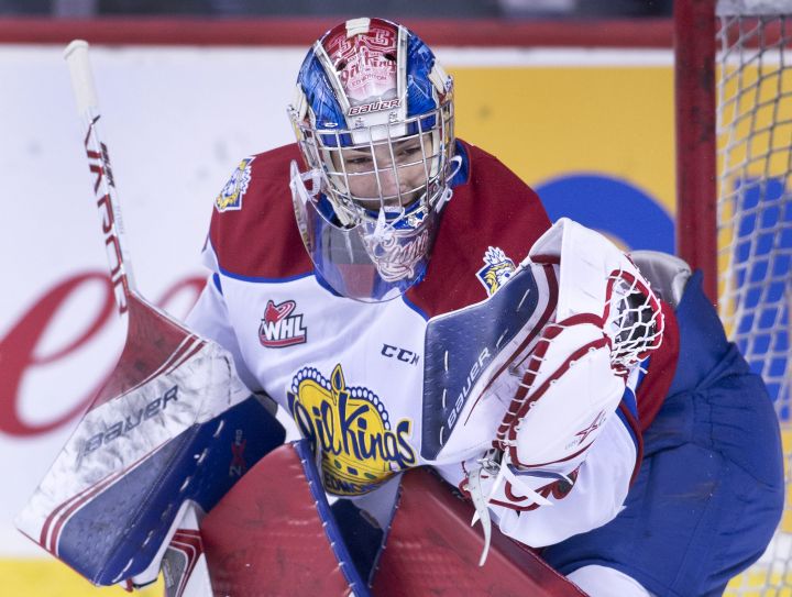 WHL (Western Hockey League) profile photo on Edmonton Oil Kings goalie Sebastian Cossa during a game against the Calgary Hitmen in Calgary, Ab. on Sunday Nov. 3, 2019.