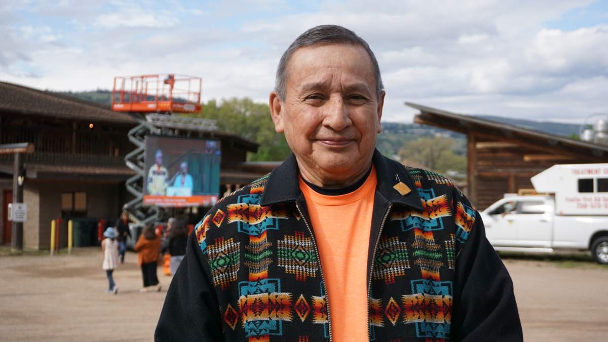 Union of BC Indian Chiefs Grand Chief Stewart Phillip speaks about the healing path forward outside the Tk'emlúps te Secwe̓pemc Powwow Arbour in Kamloops, B.C. on May 23, 2022.