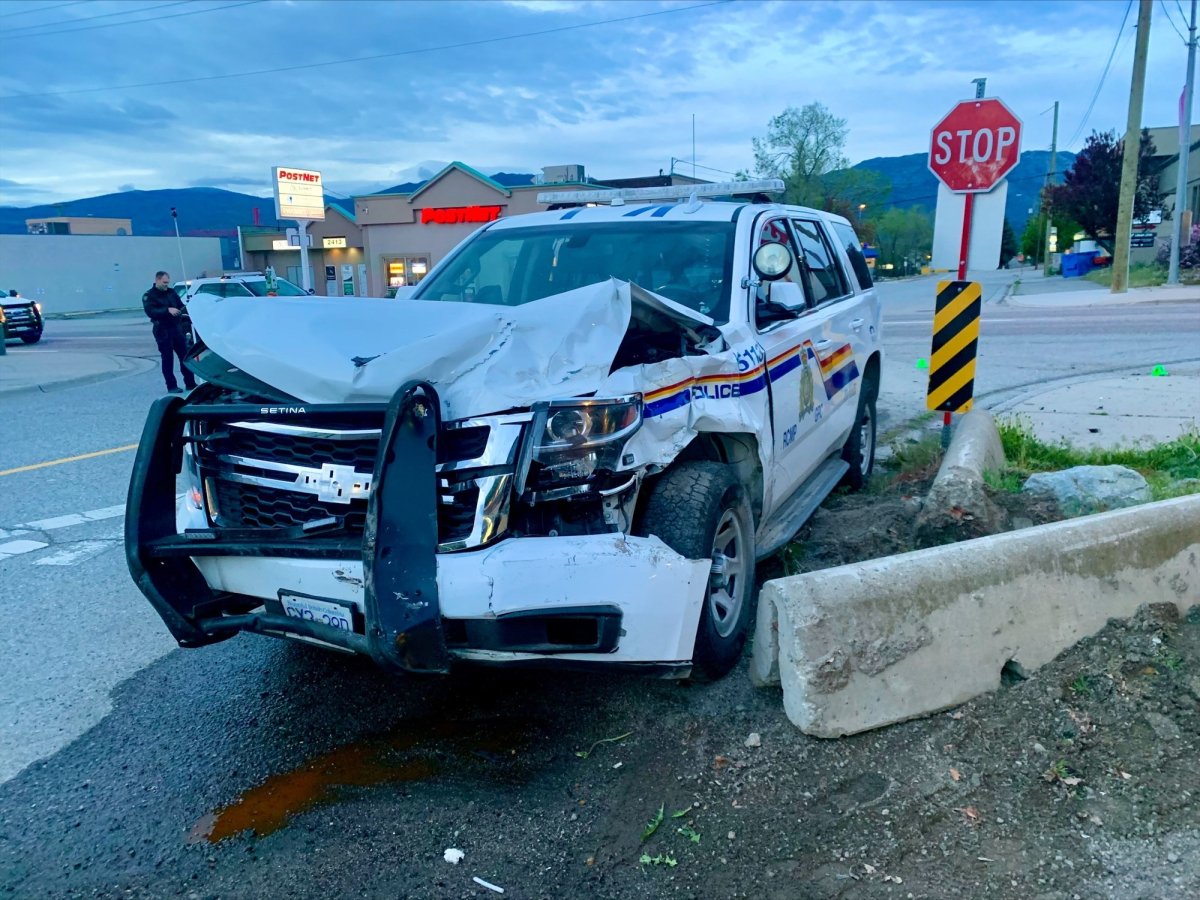 RCMP say the marked police vehicle sustained significant front-end damage, and that the officer suffered minor, non-life-threatening injuries.