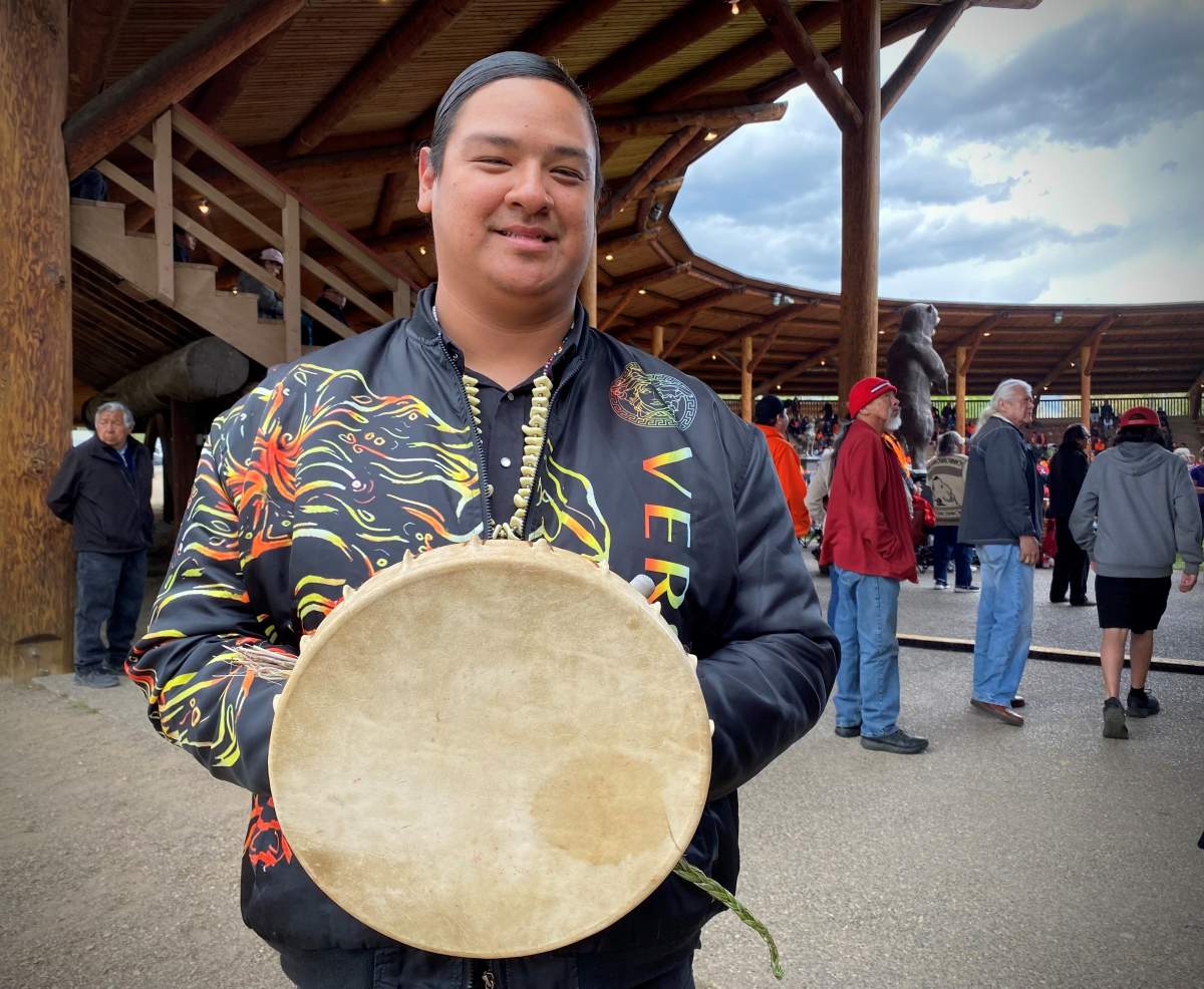 Skeetchestn singer Dustin Dion Stikwey Jules speaks to Global News after sharing a Lahal song at the one-year memorial for Le Estcwicwéy̓ in Tk’emlúps te Secwépemc on Mon. May 23, 2022.