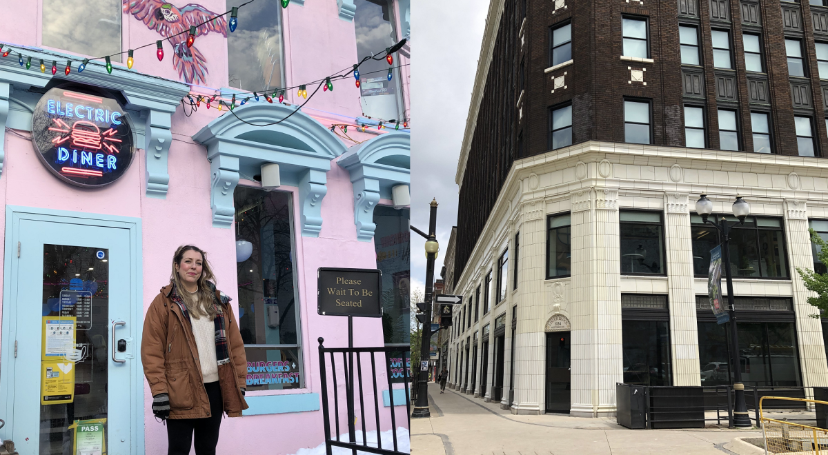 On the left: Erika Puckering stands in front of Electric Diner in Hess Village. On the right: the corner of the Lister Block building in downtown Hamilton.