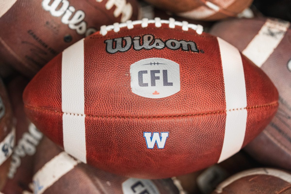 A CFL ball with Winnipeg Blue Bombers logo.