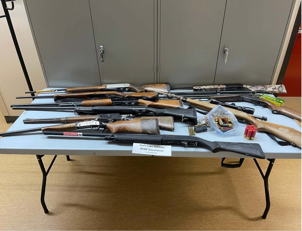 God's Lake Narrows RCMP say 11 guns and ammo was found in a home following an alleged assault Monday.