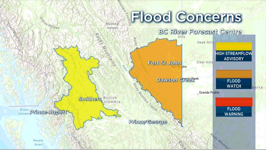 A rainfall warning has been issued for B.C.’s North and South Peace River regions as up to 50 millimetres of rain is expected between Friday and late Saturday.
