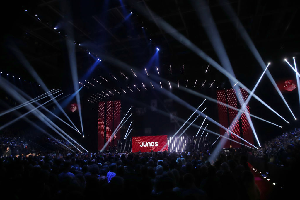 LONDON, ON - MARCH 17: A general view of the stage and arena with spotlights swirling during the award show at the 2019 Juno Awards at Budweiser Gardens on March 17, 2019 in London, Canada. 
