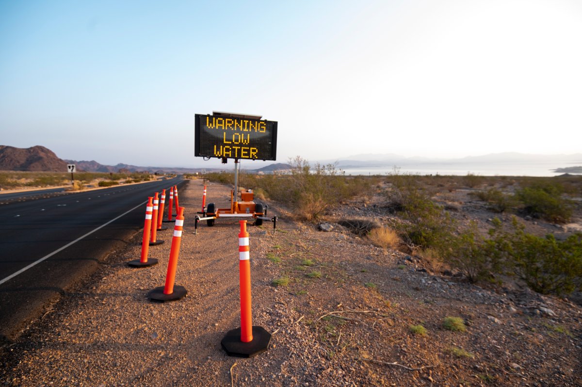 A traffic sign warns of low water levels at Lake Mead in Boulder City, Nev., on Tuesday, August 24, 2021.