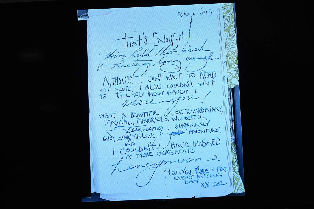 Evidence of the "love journal" showing notes from US actress Amber Heard, which appeared on a screen during a defamation trial at the Fairfax County Circuit Courthouse in Fairfax, Virginia, on May 17, 2022.
