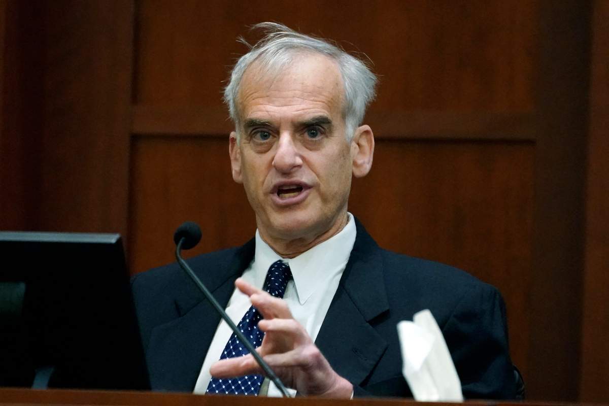 Dr. David Spiegel testifies in the courtroom at the Fairfax County Circuit Courthouse in Fairfax, Virginia, on May 23, 2022.