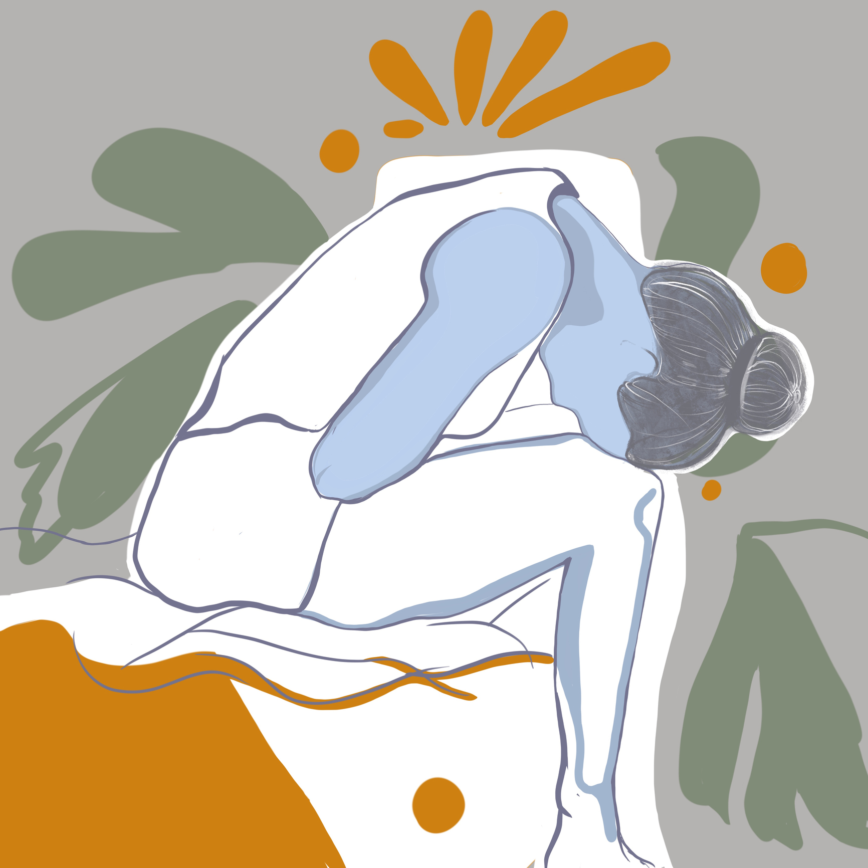 An illustration of a young woman with menstrual pain sitting on a bed at home.