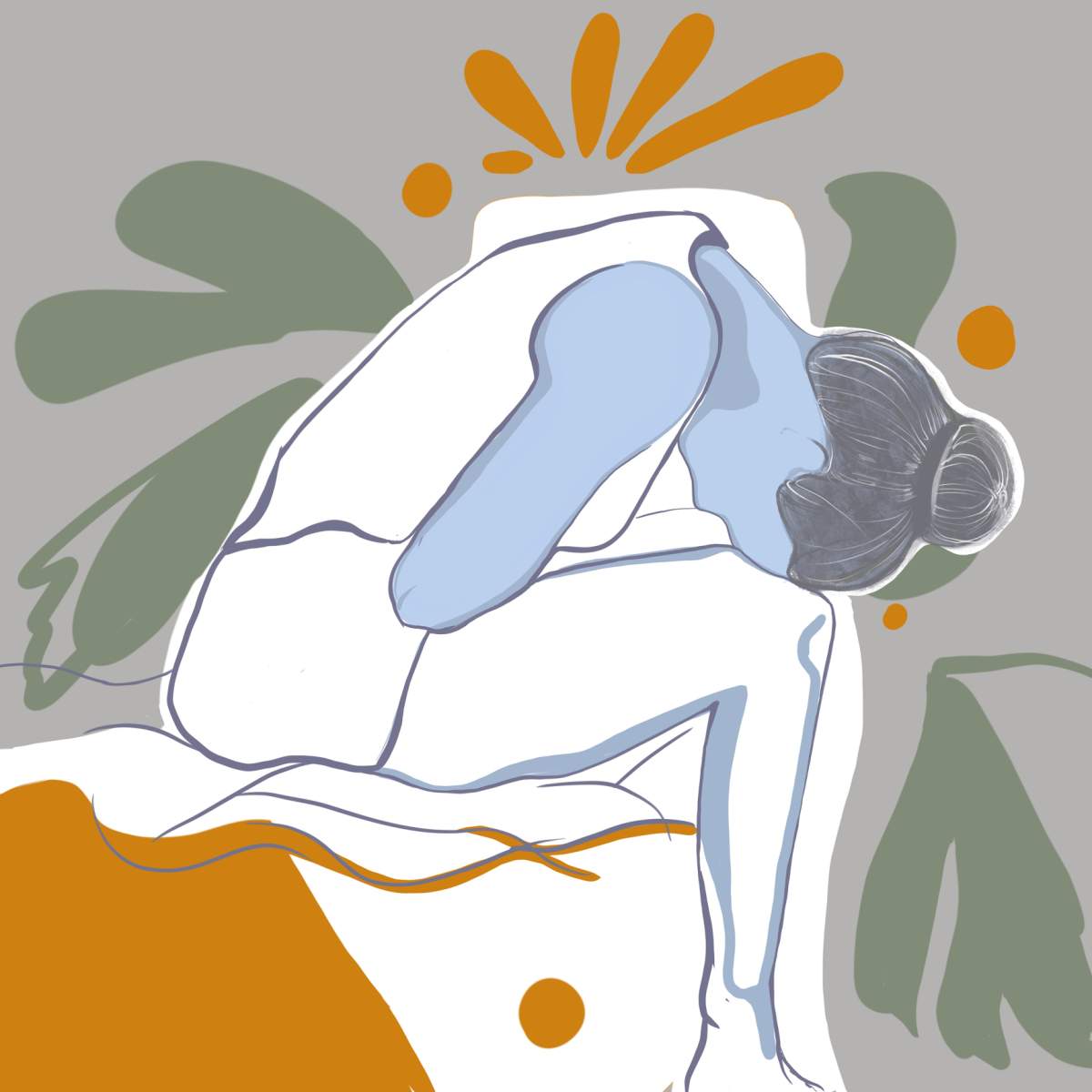 An illustration of a young woman with menstrual pain sitting on a bed at home.