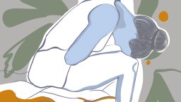 An illustration of a young woman with menstrual pain sitting on a bed at home.