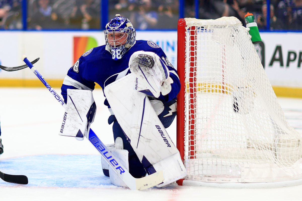 Toronto, Canada. 10th May, 2022. Tampa Bay Lightning centre Anthony Cirelli  (71) can't control the puck in front of Toronto Maple Leafs goaltender Jack  Campbell (36) during first period NHL first-round playoff