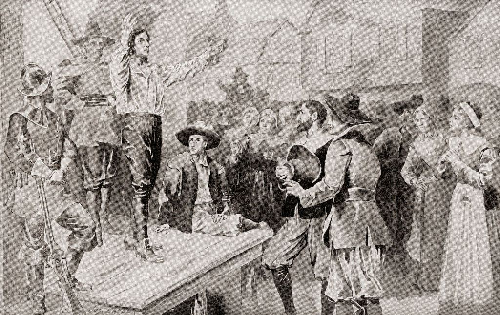 George Burroughs (c.1652 –1690) reciting the Lord's Prayer before his execution at Witches Hill, Salem, Massachusetts, on 19 August 1690, after being accused of witchcraft in the Salem witch trials.