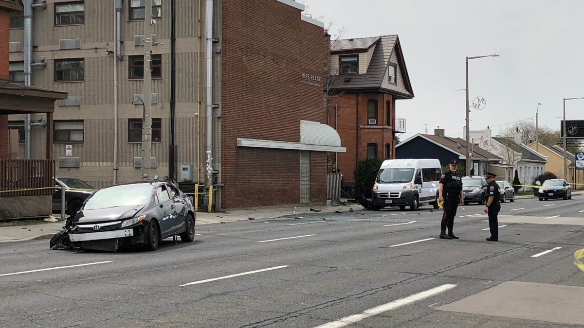 Hamilton police investigating a crash on Main Street West on May 5, 2022.