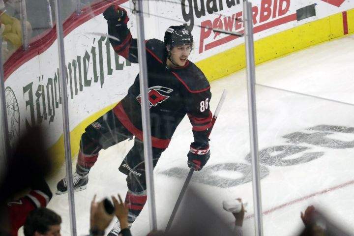 Carolina Hurricanes left wing Teuvo Teravainen (86) celebrates his goal against the New York Rangers during the second period of Game 5 of an NHL hockey Stanley Cup second-round playoff series Thursday, May 26, 2022, in Raleigh, N.C.