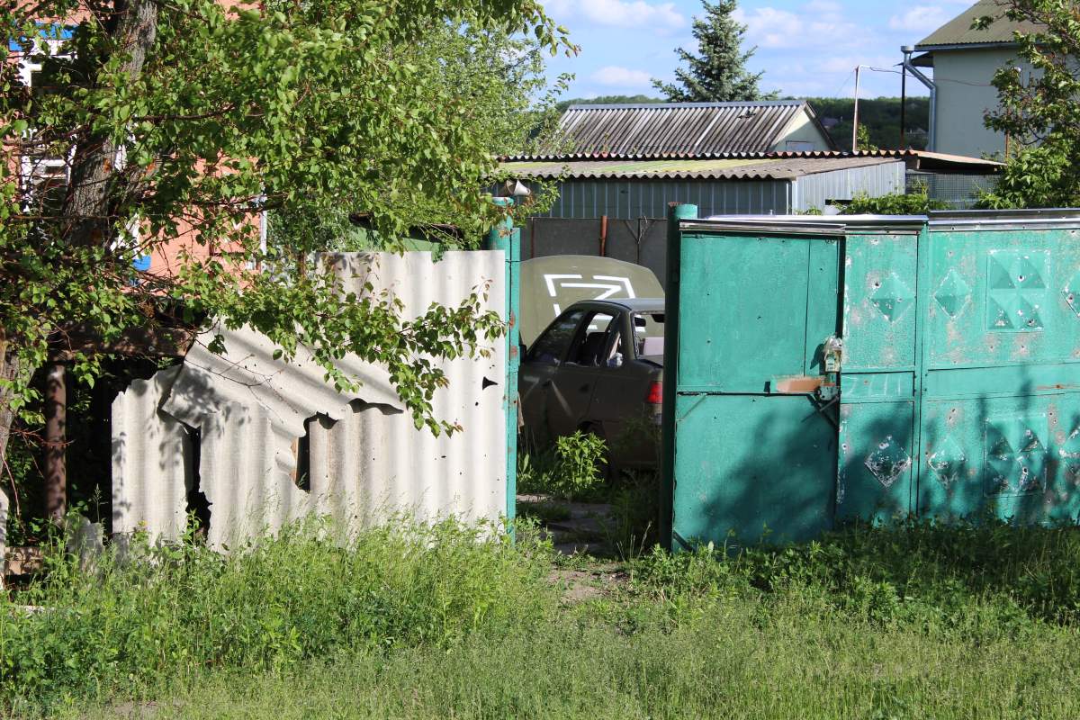 Vehicle abandoned by Russian forces, with Z logo, in Ruska Lozova, Ukraine, May 27, 2022.