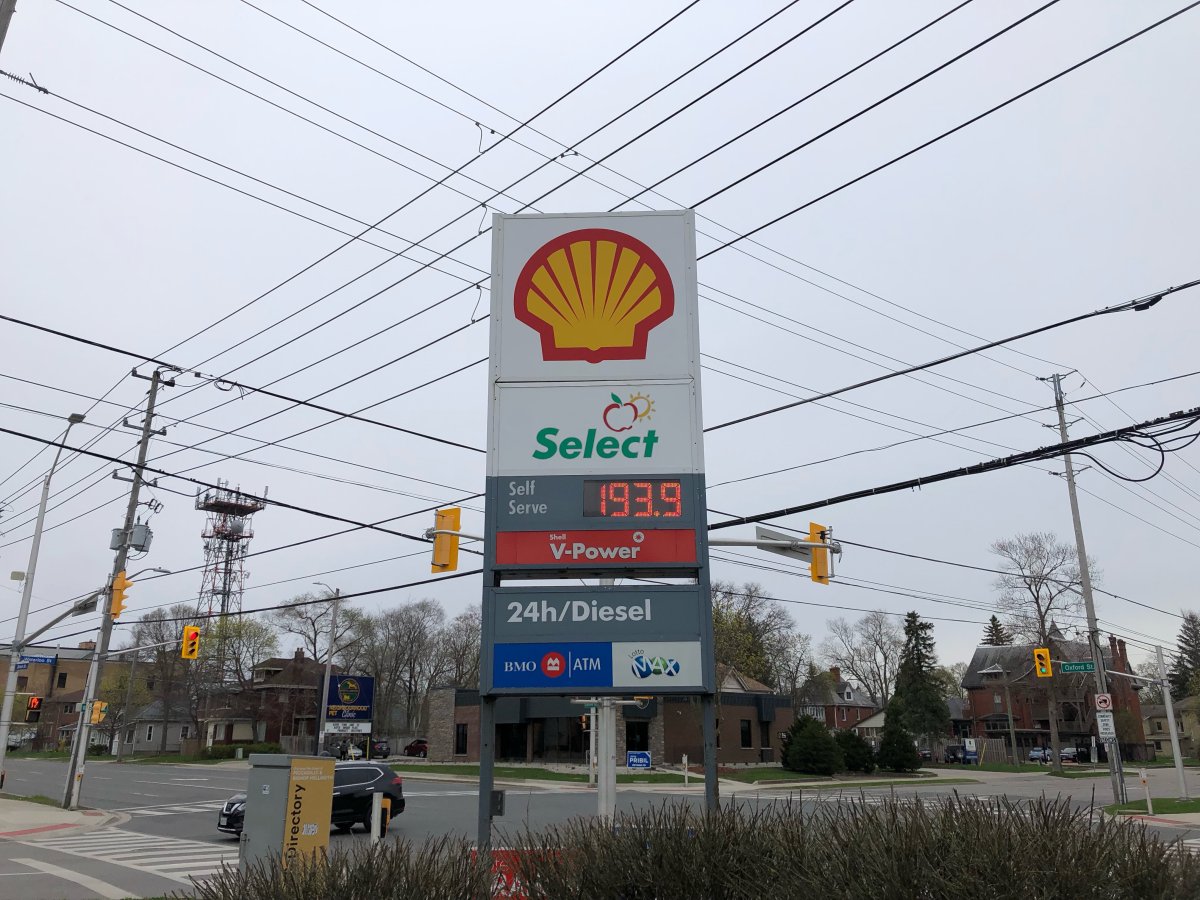 The price of fuel at the Shell gas station at Oxford and Waterloo streets in London, Ont., on Friday morning.