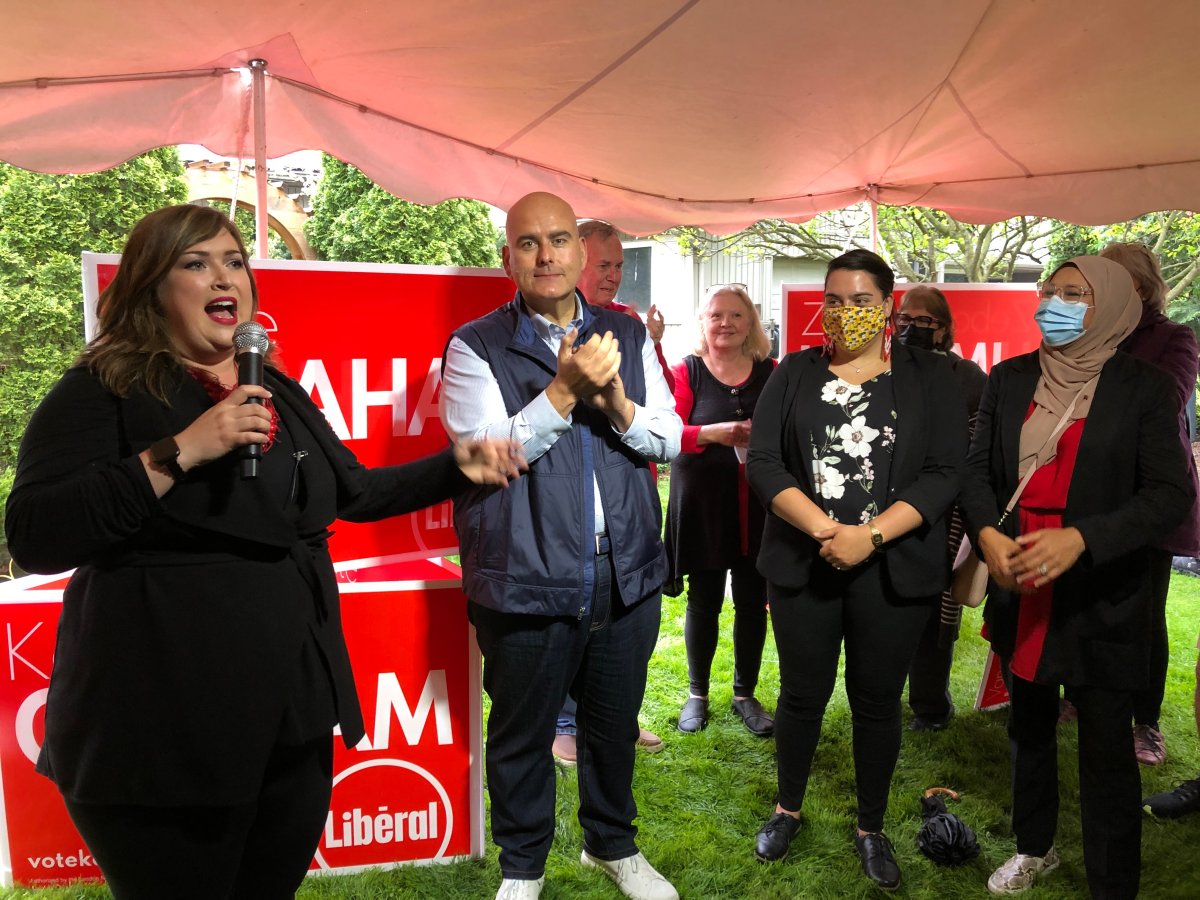 Ontario Liberal London North Centre candidate Kate Graham is joined by Liberal Leader Steven Del Duca, Liberal London West candidate Vanessa Lalonde and Liberal London-Fanshawe candidate Zeba Hashmi during a small rally in north London.