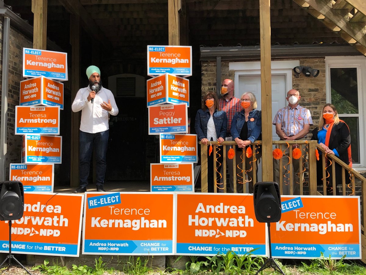 Federal NDP Leader Jagmeet Singh speaks to a crowd of supporters during a campaign stop for the 2022 Ontario Election in London, Ont. He is joined on stage by (from left to right) London-Fanshawe candidate Teresa Armstrong, London North Centre candidate Terence Kernaghan, London West candidate Peggy Sattler, Elgin-Middlesex-London candidate Andy Kroeker and NDP London-Fanshawe MP Lindsay Mathyssen.