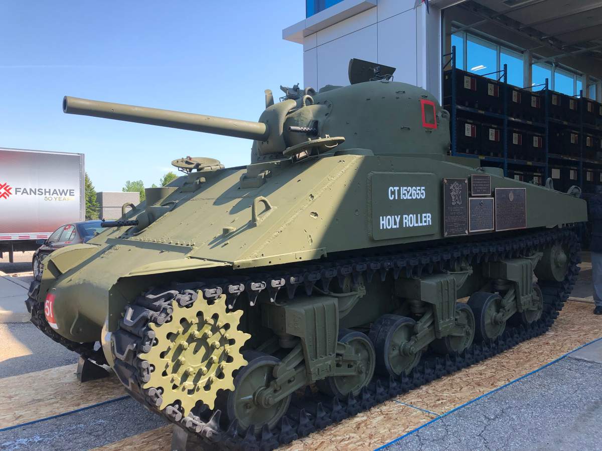 The Holy Roller wears a fresh coat of olive drab paint during an unveiling ceremony at Fanshawe College on Monday.