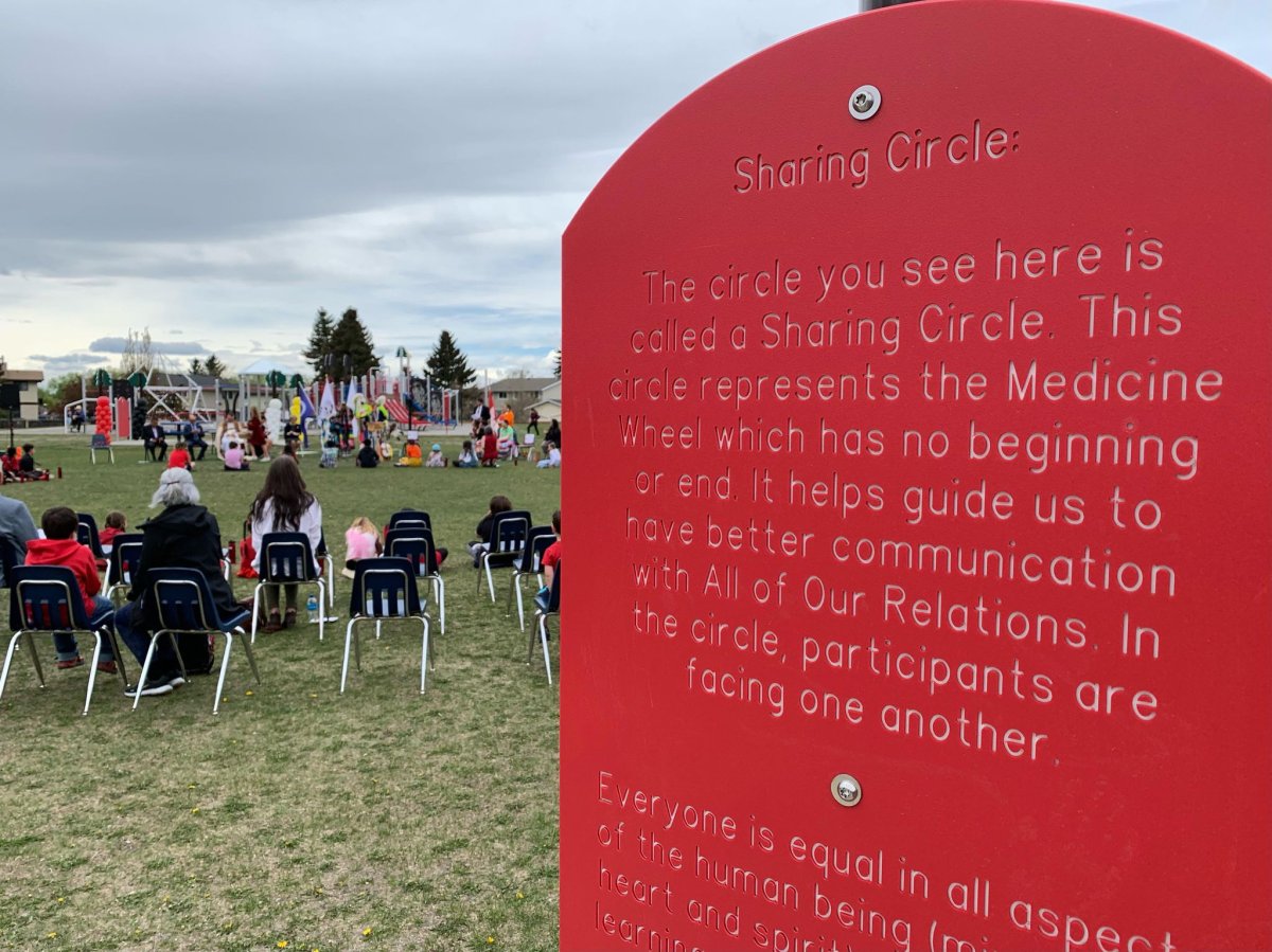 A sign describing the sharing circle at the new Indigenous-themed playground at St. Kateri Tekakwitha School in northeast Calgary.