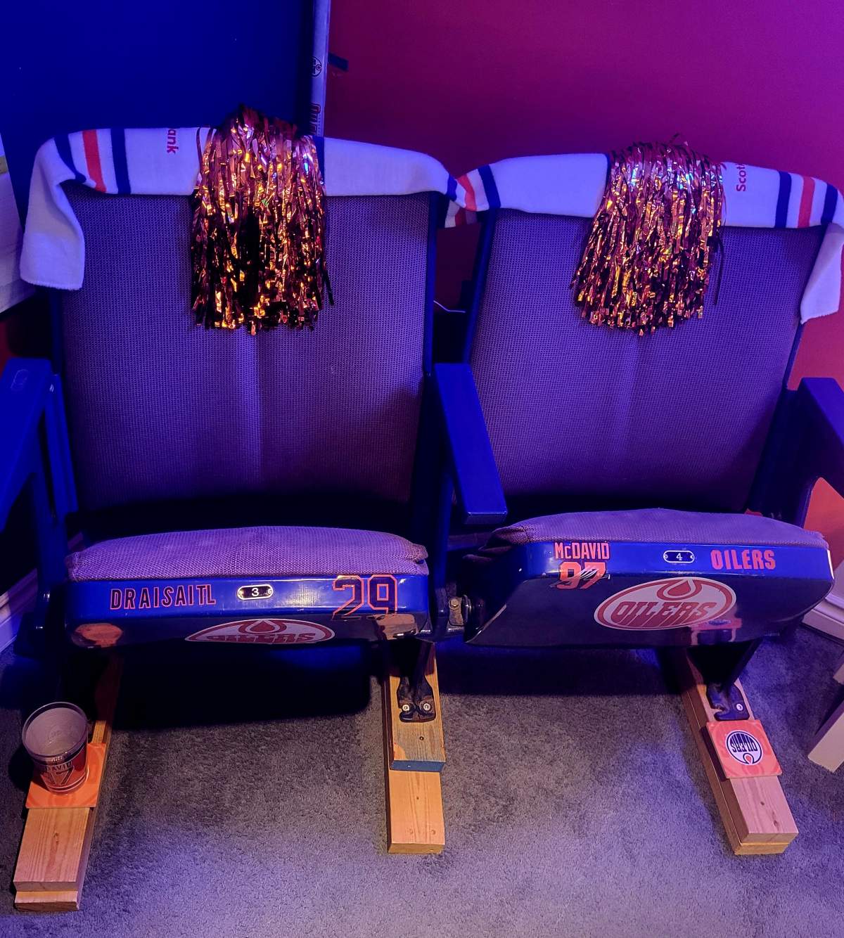 The best part of Martin’s Oilers cave? Seats from the old Rexall Place.