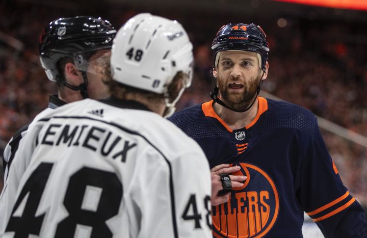 Los Angeles Kings’ Brendan Lemieux (48) and Edmonton Oilers’ Zack Kassian (44) get heated during second period NHL playoff action in Edmonton on Wednesday, May 4, 2022.
