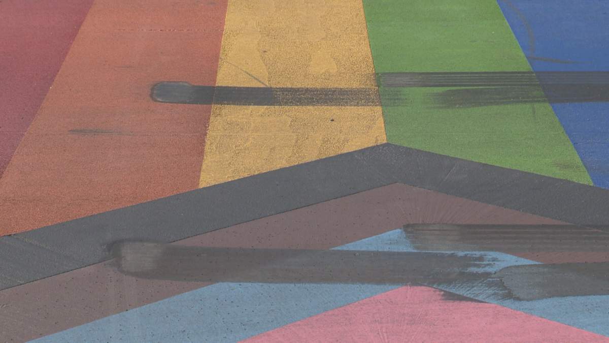 Lethbridge’s Pride crosswalk is covered in several tire marks. May 26, 2022.