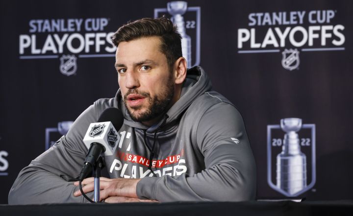 Calgary Flames forward Milan Lucic speaks at a during a media availability in Edmonton, Monday, May 23, 2022.