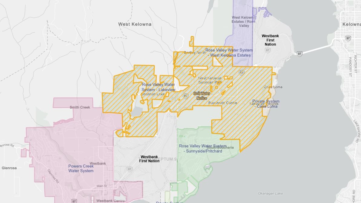 A map of West Kelowna showing areas under the boil water notice in yellow.