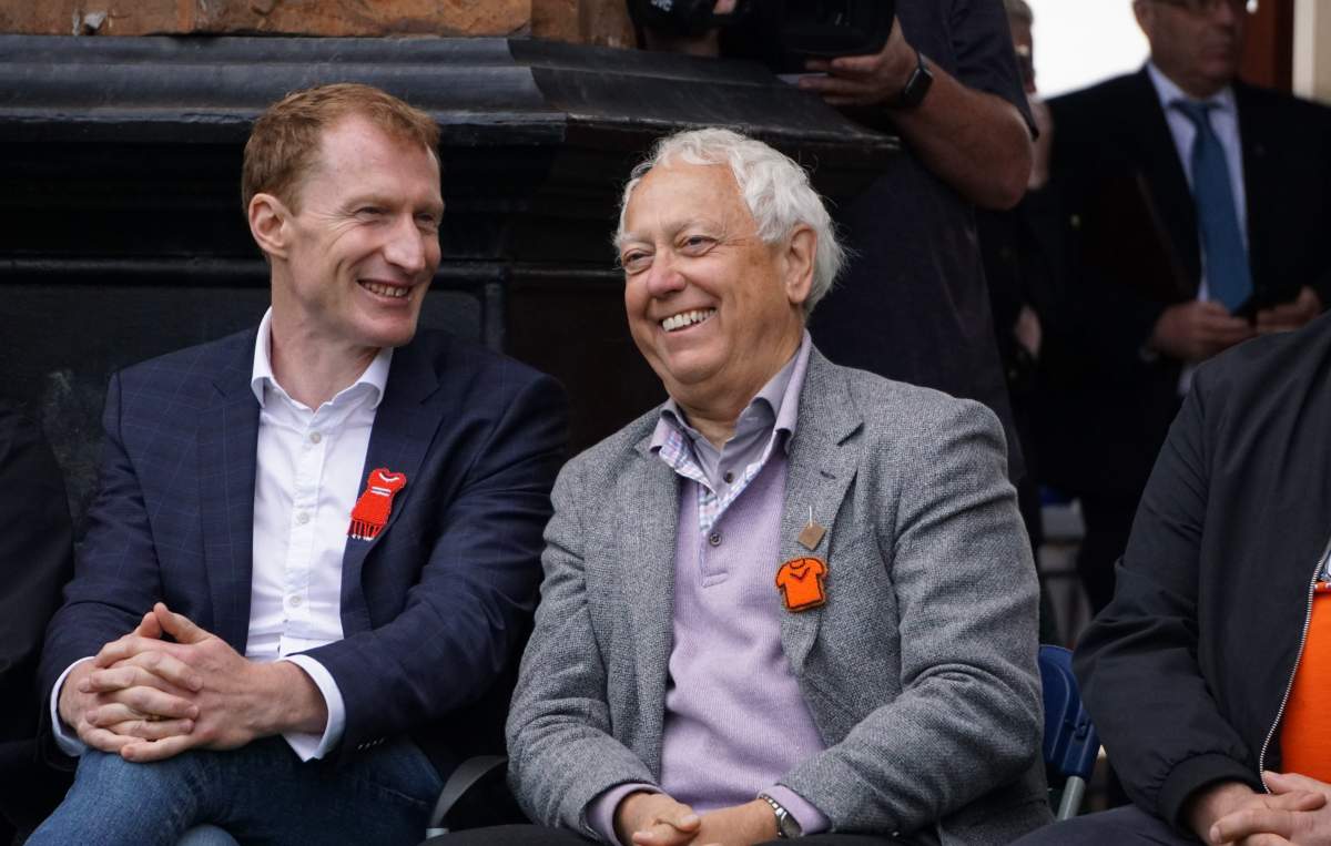Crown-Indigenous Relations Minister Marc Miller speaks with B.C. Indigenous Relations and Reconciliation Minister Murray Rankin in Kamloops, B.C. on Mon. May 23, 2022, during Tk'emlúps te Secwe̓pemc's one-year memorial for the 215 missing in children.