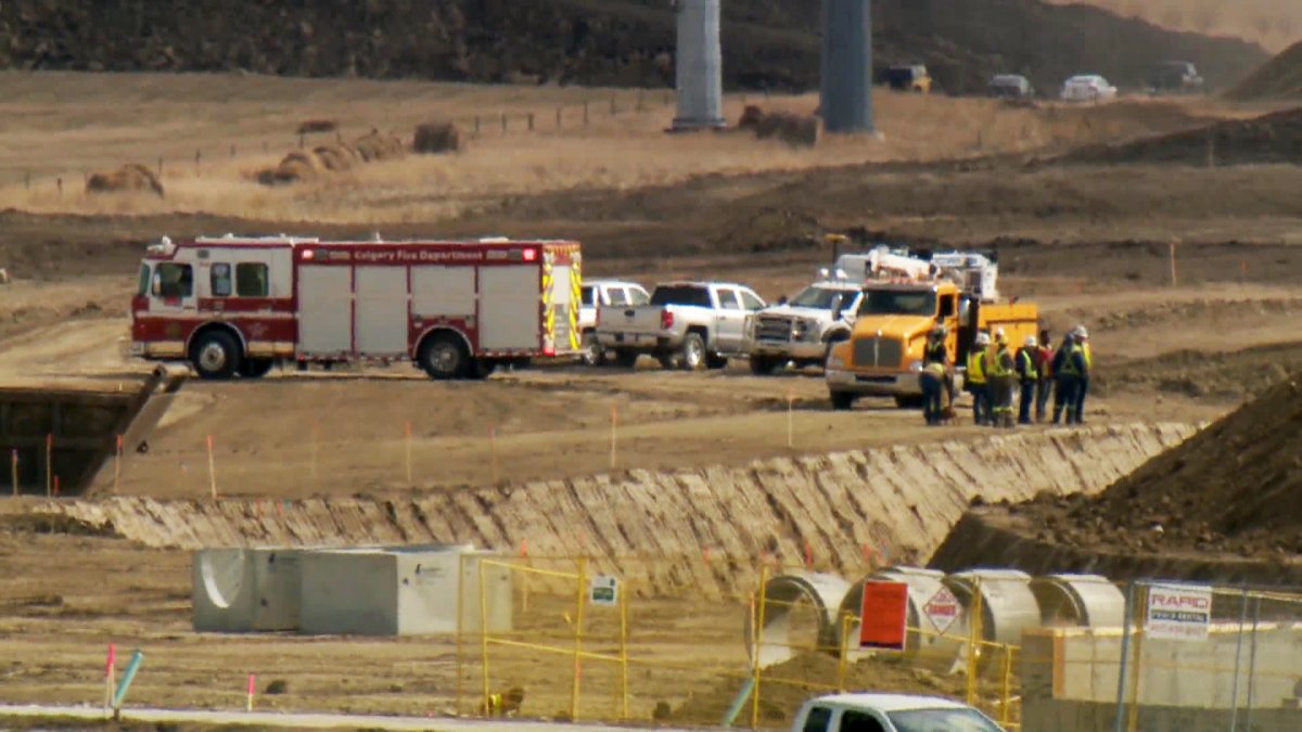 Emergency crews attend the site of an industrial accident in Calgary's southeast on May 2, 2022.