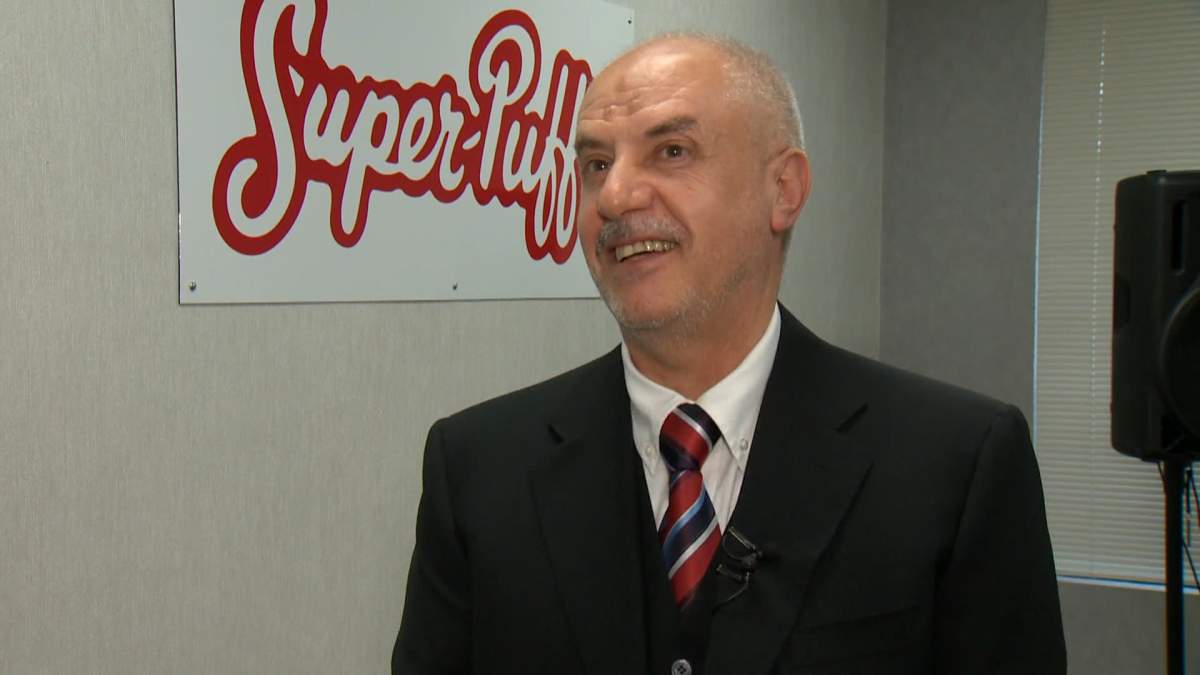 Super-Pufft president and CEO Yousif Al-Ali speaks to reporters on May 17, 2022, after announcing a $50 million manufacturing plant to open in Airdrie, Alta.