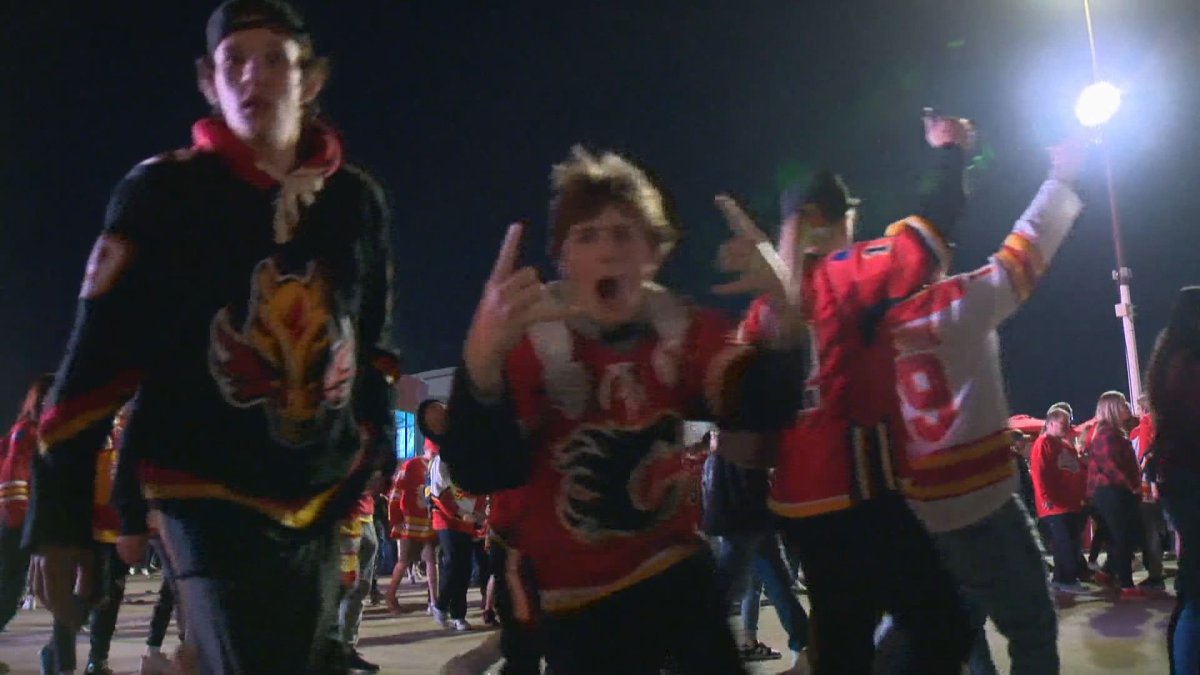 Fans celebrate following the Calgary Flames game 7 win on May 15, 2022.