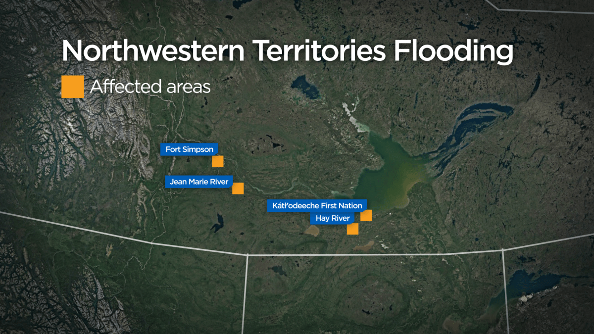 Yellow squares depict the areas impacted by the flooding in N.W.T. (Global News).