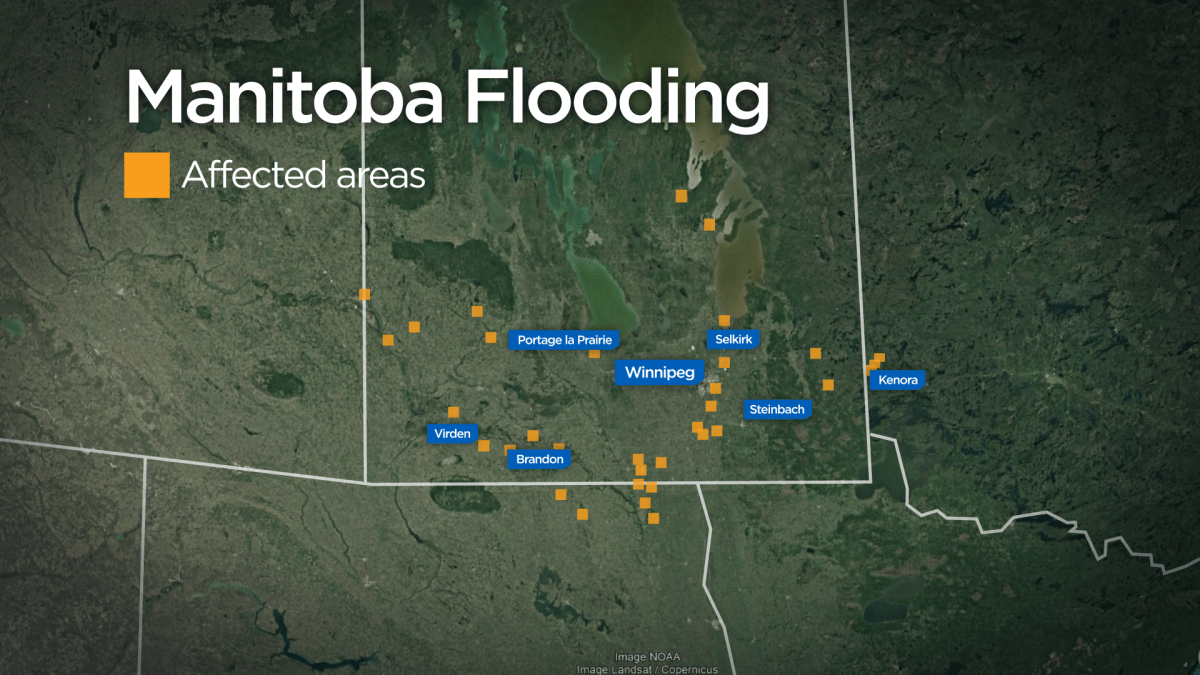 Yellow squares depict the areas impacted by the flooding in Manitoba (Global News).