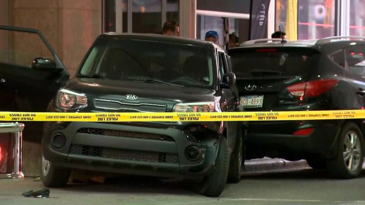 The scene of a vehicle colliding with a pedestrian in Calgary's downtown on May 31, 2022.
