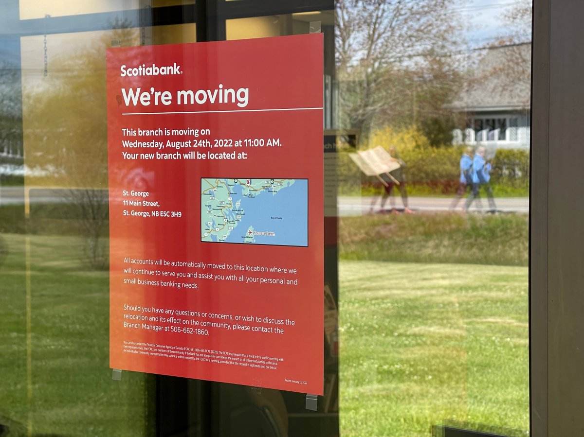 A sign on the Grand Manan Scotiabank branch notifies residents the branch is leaving the area.