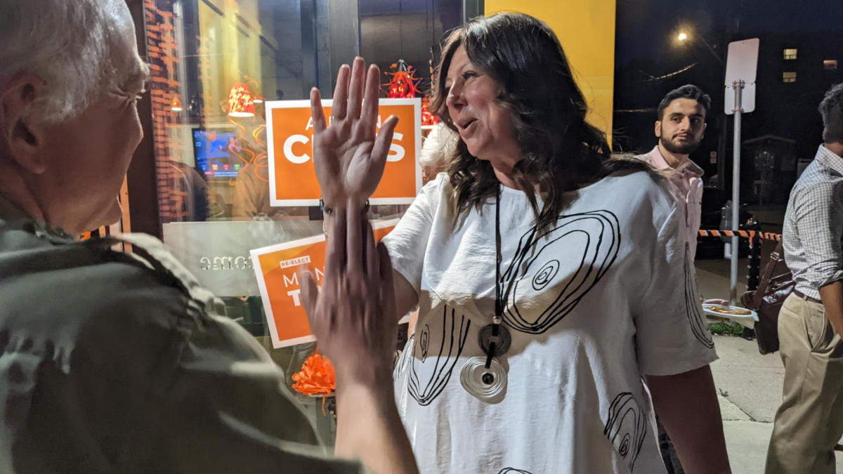 Hamilton Mountain NDP incumbent Monique Taylor with constituents following an election victory on June 2, 2022.