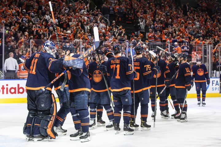 Edmonton Oilers celebrate the win over the Los Angeles Kings during NHL playoff action in Edmonton on Wednesday, May 4, 2022.
