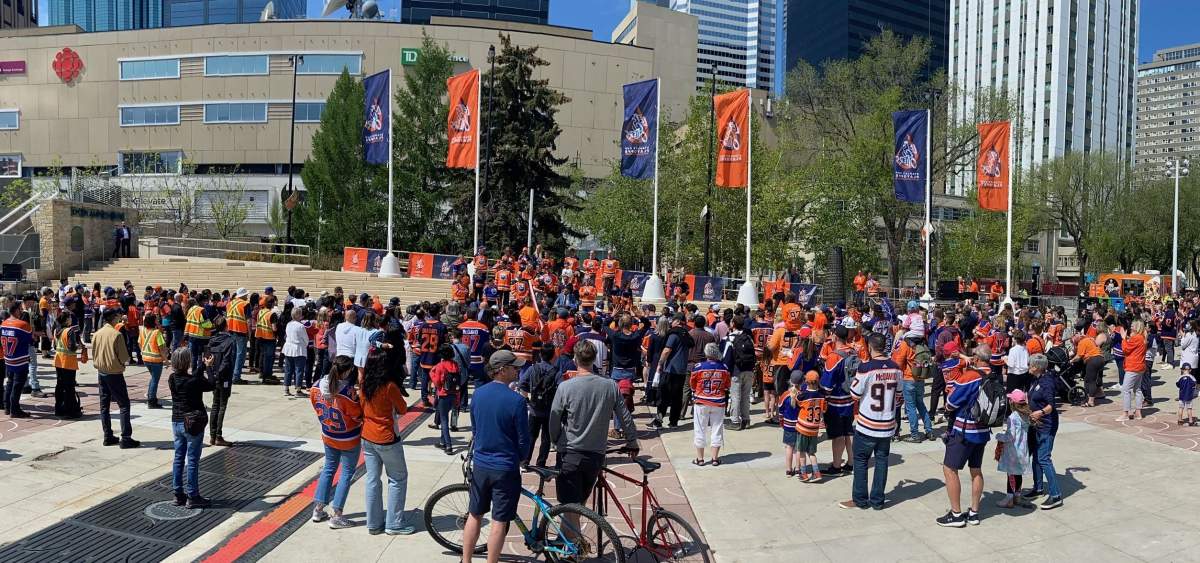 Edmonton Oilers fans at the "Let's Go Oilers! Community Rally" in Churchill Square in advance of Game 4 on Tuesday, May 24, 2022.