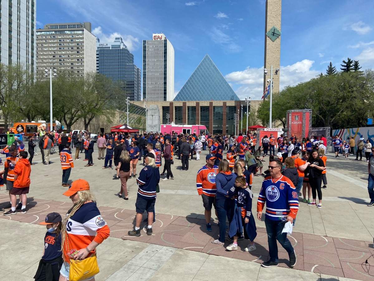 Edmonton Oilers fans at the "Let's Go Oilers! Community Rally" in Churchill Square in advance of Game 4 on Tuesday, May 24, 2022.