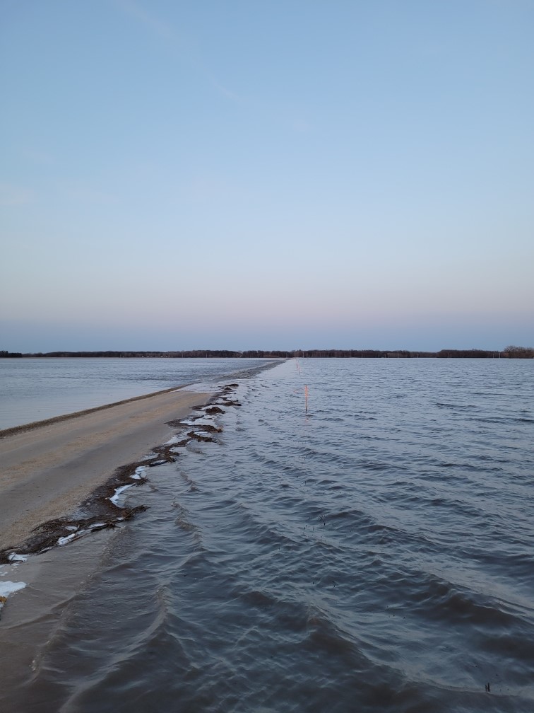 A photo of the access road to Prairie Oak Campground near Emerson, Man. on May 3, 2022. Campground owner Kyle Wiebe says the road has since been completely submerged.
