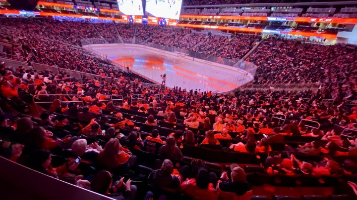 The second period of Game 2 in the Battle of Alberta gets underway and Oilers fans watching on the big screen at Rogers Place are ready for it. May 20, 2022.