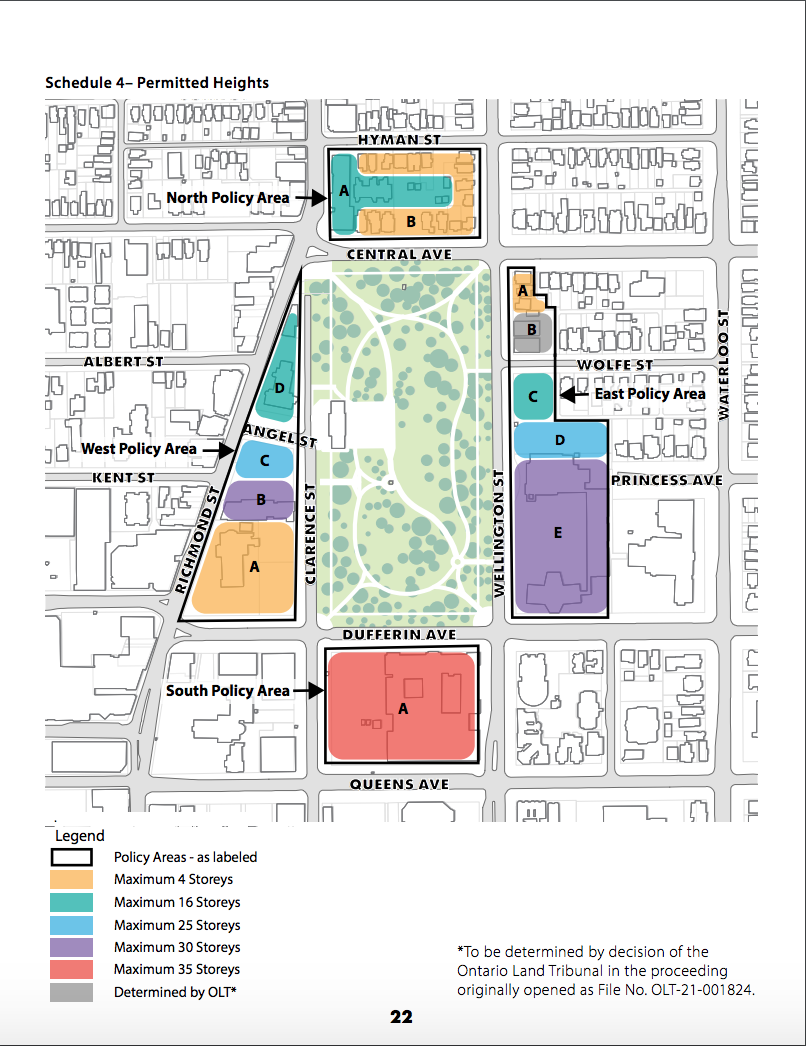 A map detailing maximum heights for specific policy areas within the Victoria Park secondary plan’s boundary.